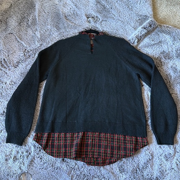 Loft Black red green gold Plaid Layered Mixed Media Cable Sweater keyhole size L - Picture 4 of 12